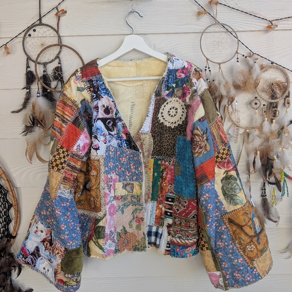 Handmade Dresses & Skirts - Handmade Boho Hippie Handstitched Patchwork Jacket Upcycled Appliqué Oversized